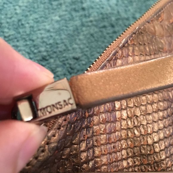 MONSAC Vegan Small Shoulder Bag Snake Embossed Burnt Metallic Gold Y2K - Picture 3 of 6